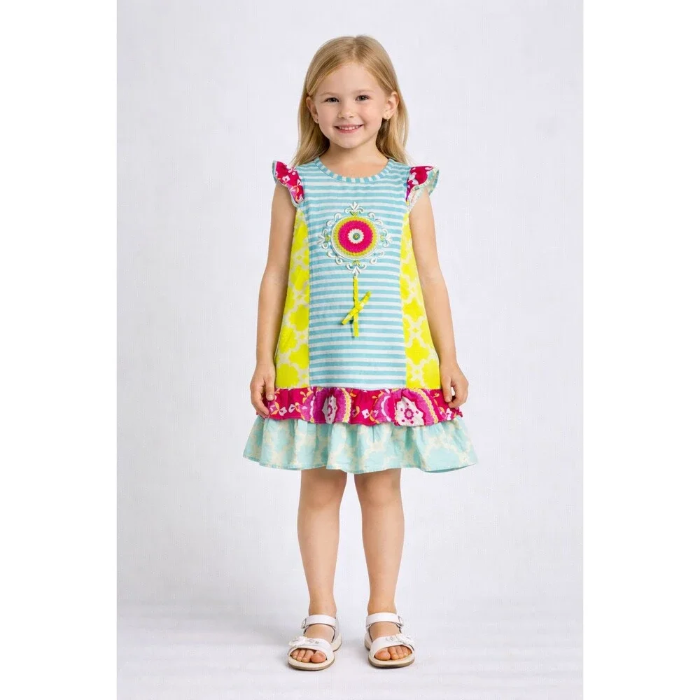 Emily Rose Girls 5 Boutique Patchwork Floral Appliqué Ruffle Dress Multicolor